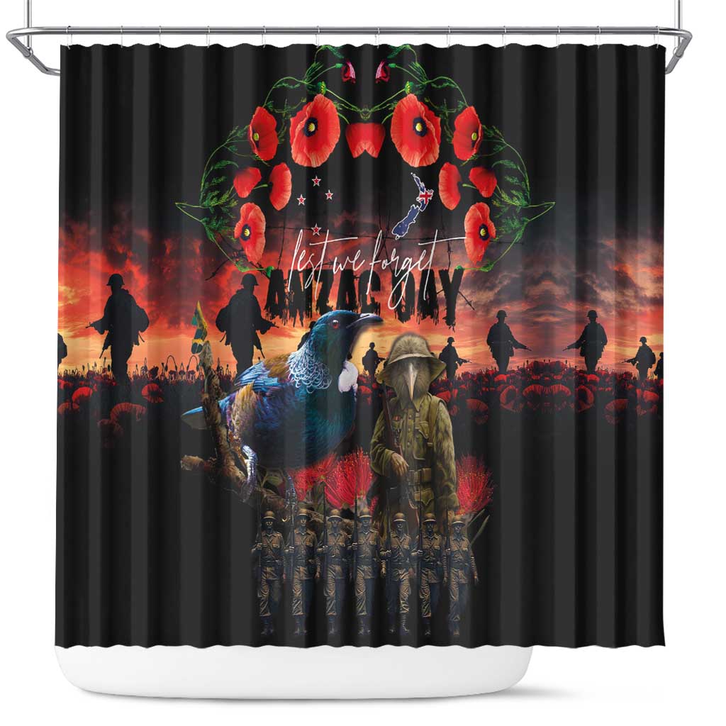 New Zealand ANZAC Day Shower Curtain Tui Bird and Kiwi Bird Soldier - Forever in My Thoughts LT03 Black - Polynesian Pride