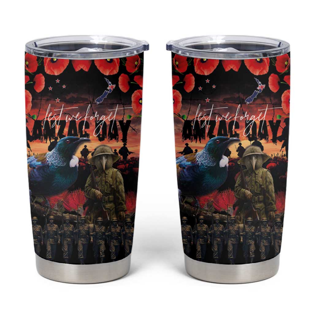 New Zealand ANZAC Day Tumbler Cup Tui Bird and Kiwi Bird Soldier Forever in My Thoughts LT03 Black - Polynesian Pride