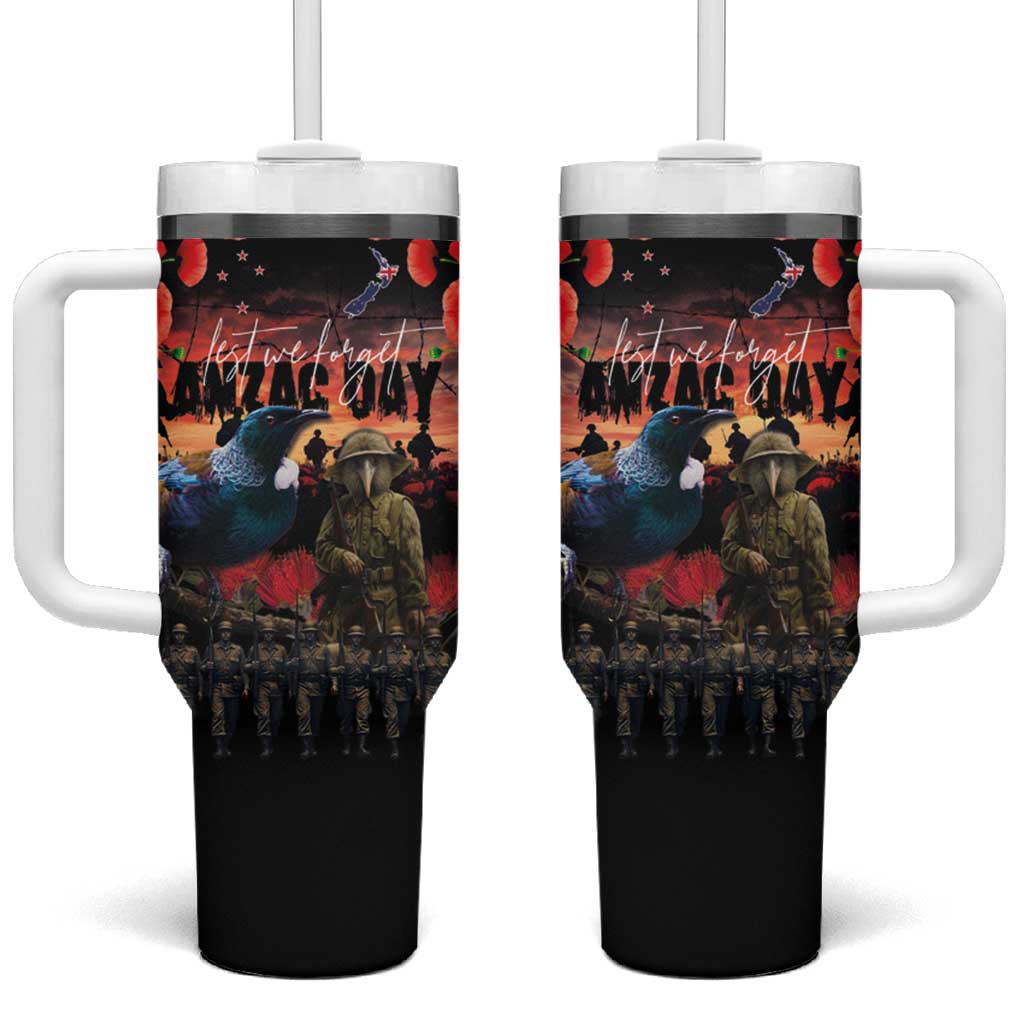 New Zealand ANZAC Day Tumbler With Handle Tui Bird and Kiwi Bird Soldier Forever in My Thoughts LT03 One Size: 40 oz Black - Polynesian Pride