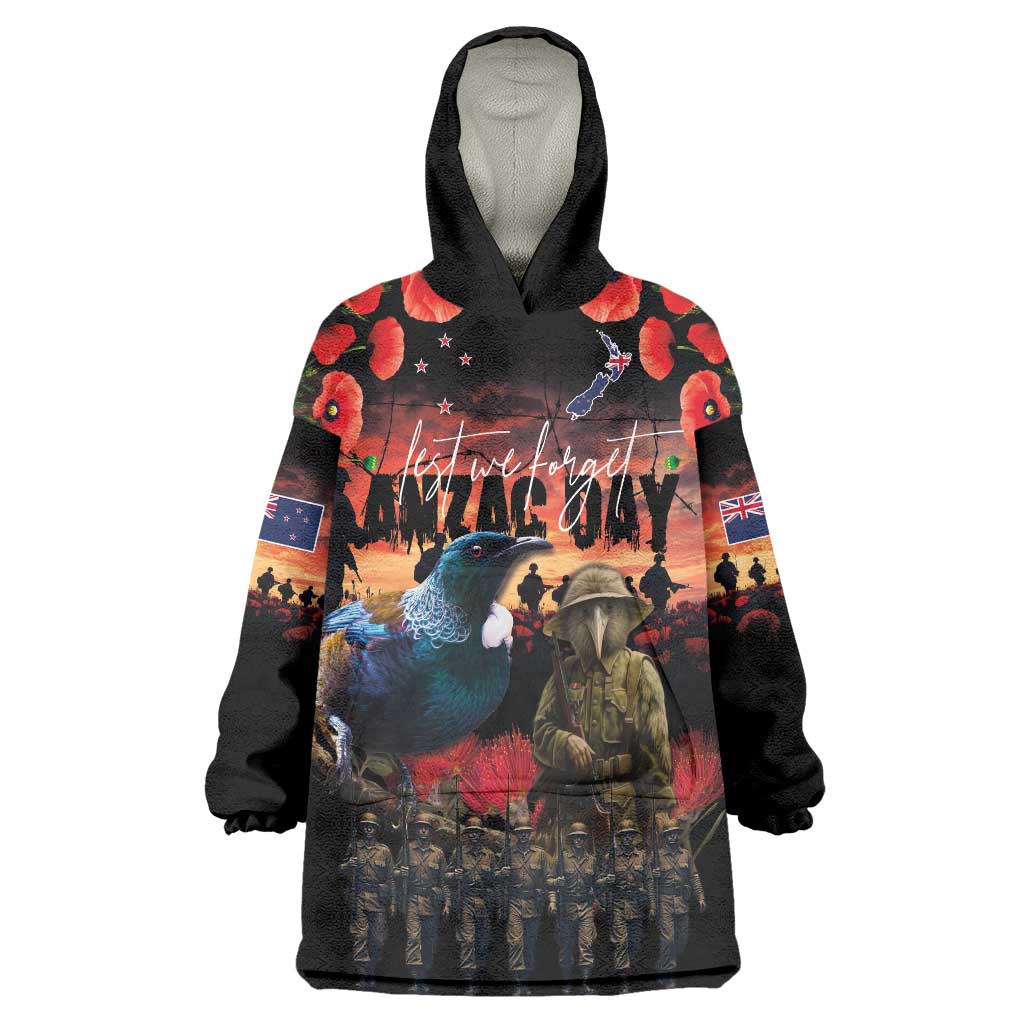 New Zealand ANZAC Day Wearable Blanket Hoodie Tui Bird and Kiwi Bird Soldier - Forever in My Thoughts LT03 One Size Black - Polynesian Pride