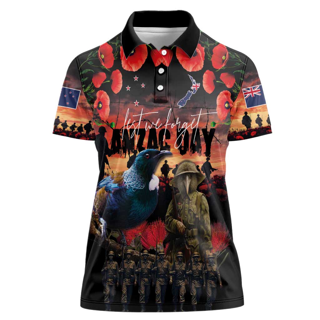 New Zealand ANZAC Day Women Polo Shirt Tui Bird and Kiwi Bird Soldier - Forever in My Thoughts LT03 Female Black - Polynesian Pride