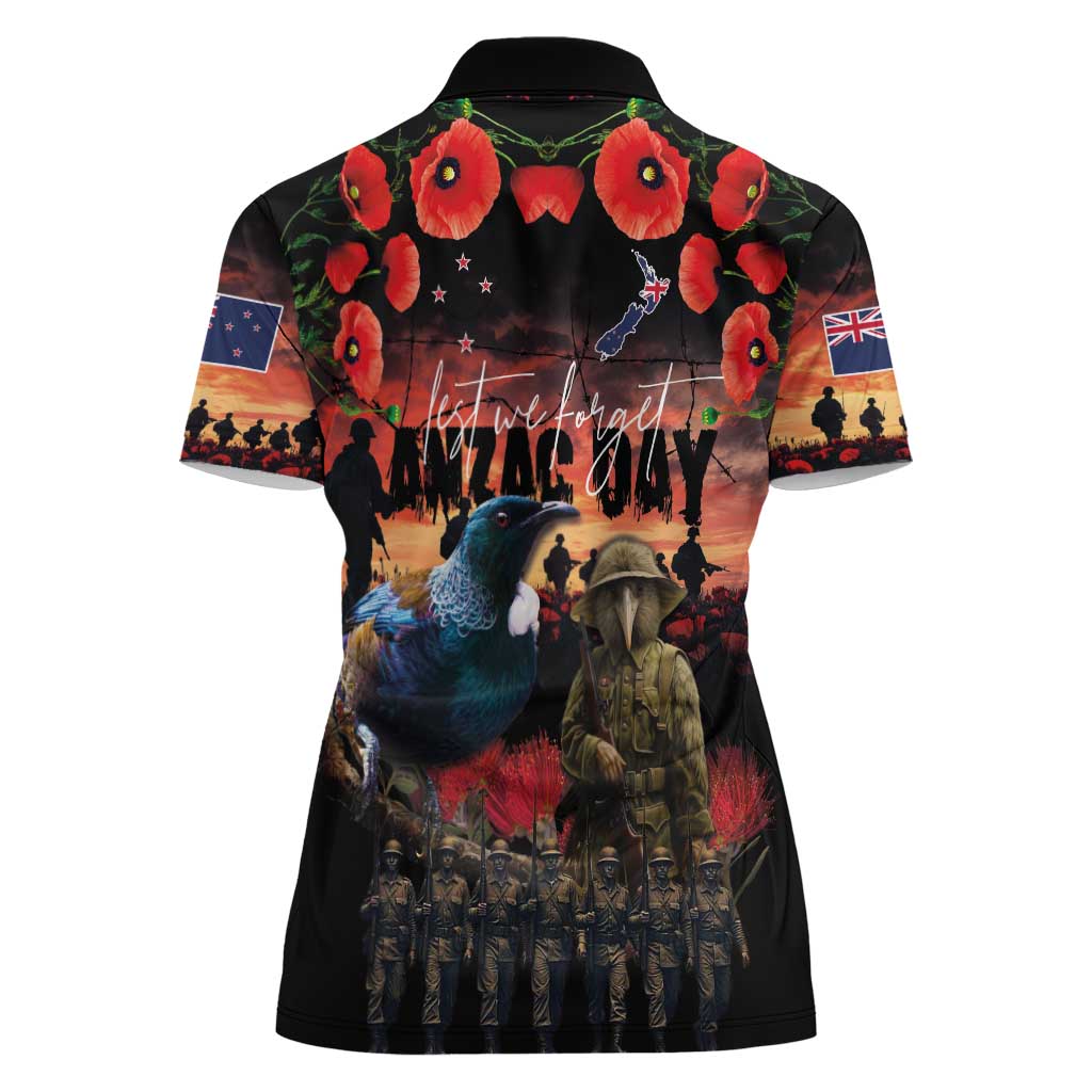 New Zealand ANZAC Day Women Polo Shirt Tui Bird and Kiwi Bird Soldier - Forever in My Thoughts LT03 - Polynesian Pride