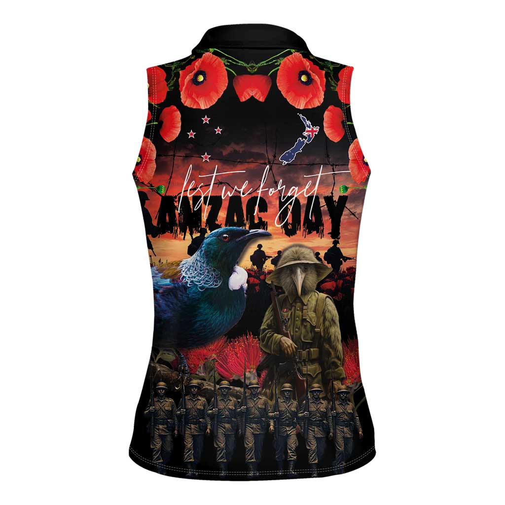 New Zealand ANZAC Day Women Sleeveless Polo Shirt Tui Bird and Kiwi Bird Soldier - Forever in My Thoughts LT03 - Polynesian Pride
