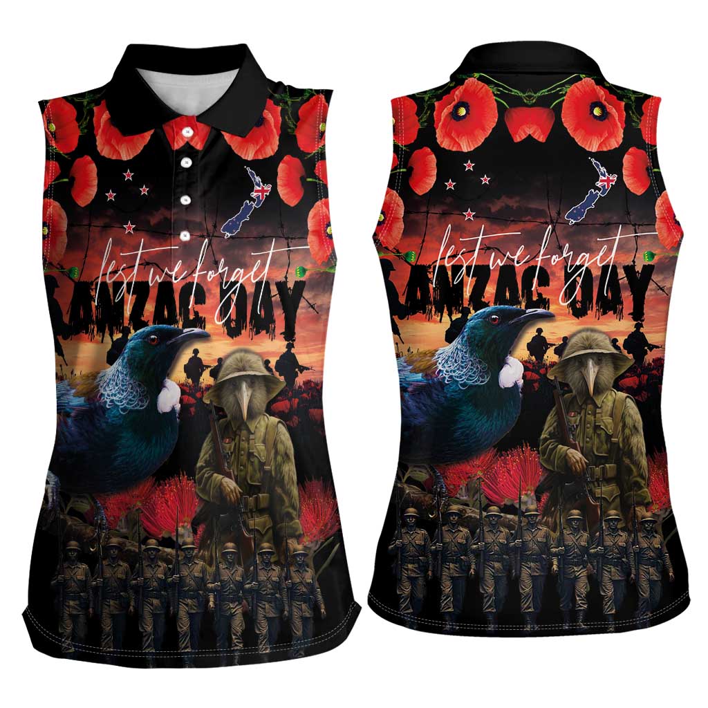 New Zealand ANZAC Day Women Sleeveless Polo Shirt Tui Bird and Kiwi Bird Soldier - Forever in My Thoughts LT03 - Polynesian Pride