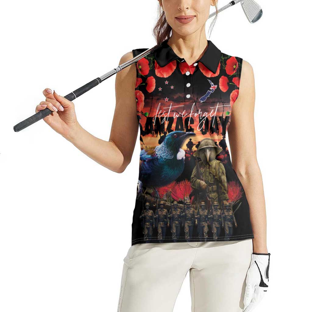 New Zealand ANZAC Day Women Sleeveless Polo Shirt Tui Bird and Kiwi Bird Soldier - Forever in My Thoughts LT03 - Polynesian Pride