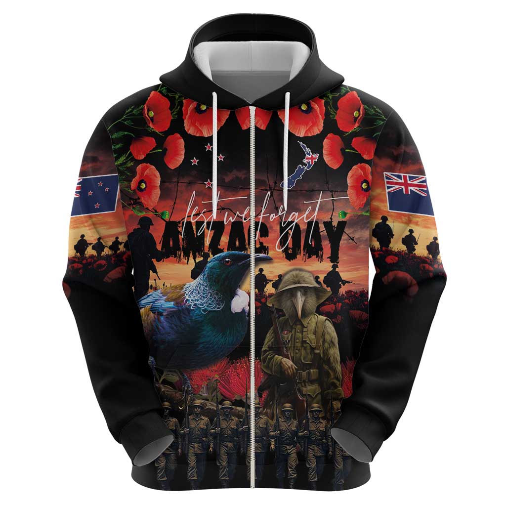 New Zealand ANZAC Day Zip Hoodie Tui Bird and Kiwi Bird Soldier - Forever in My Thoughts LT03 - Polynesian Pride
