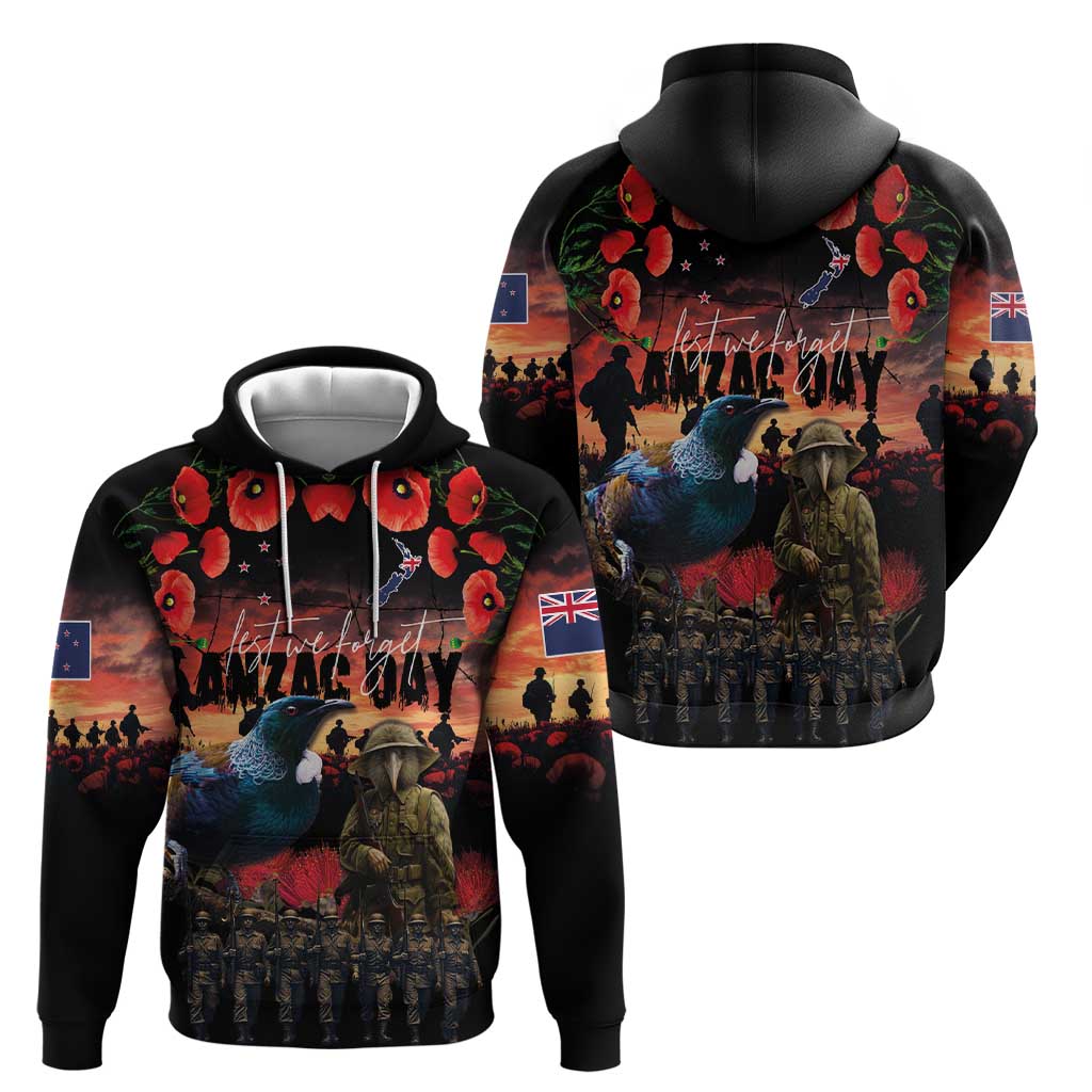 New Zealand ANZAC Day Zip Hoodie Tui Bird and Kiwi Bird Soldier - Forever in My Thoughts LT03 - Polynesian Pride
