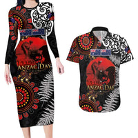 Australia and New Zealand ANZAC Day Couples Matching Long Sleeve Bodycon Dress and Hawaiian Shirt Aboriginal and Maori Art Pattern - Gallipoli Lest We Forget LT03 Black - Polynesian Pride