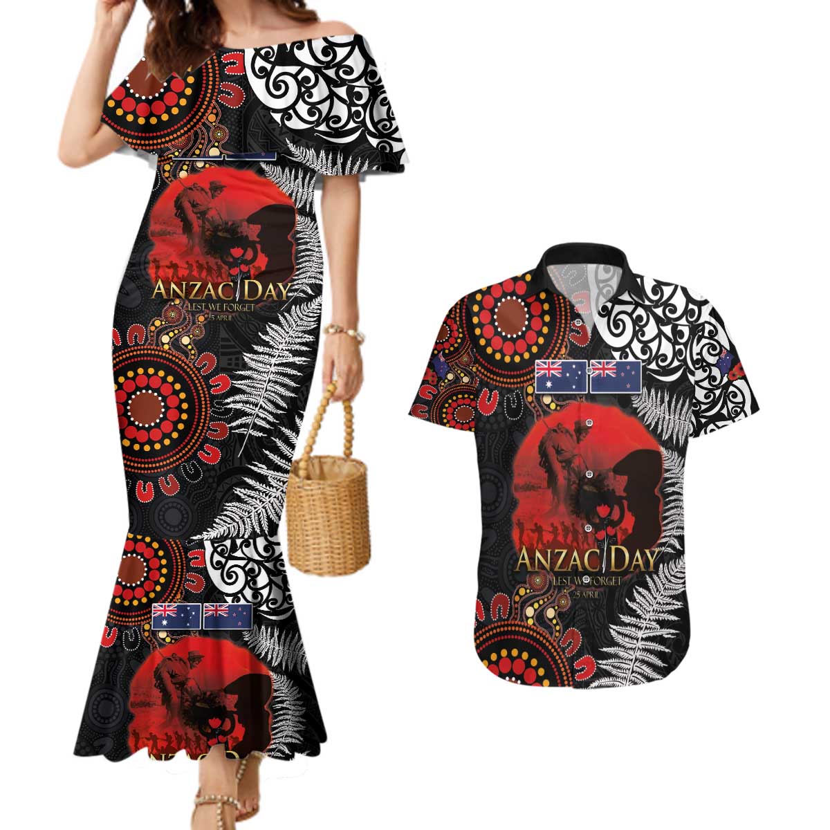 Australia and New Zealand ANZAC Day Couples Matching Mermaid Dress and Hawaiian Shirt Aboriginal and Maori Art Pattern - Gallipoli Lest We Forget LT03 Black - Polynesian Pride