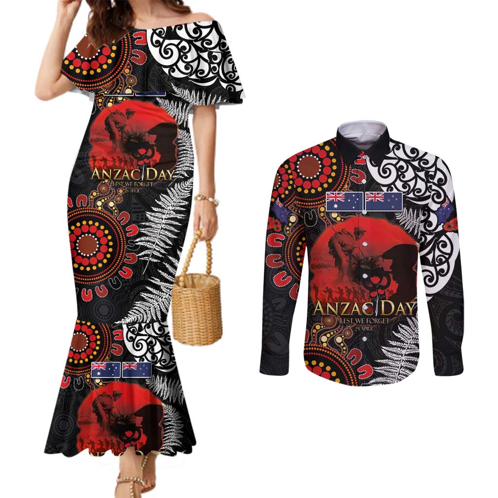 Australia and New Zealand ANZAC Day Couples Matching Mermaid Dress and Long Sleeve Button Shirt Aboriginal and Maori Art Pattern - Gallipoli Lest We Forget LT03 Black - Polynesian Pride