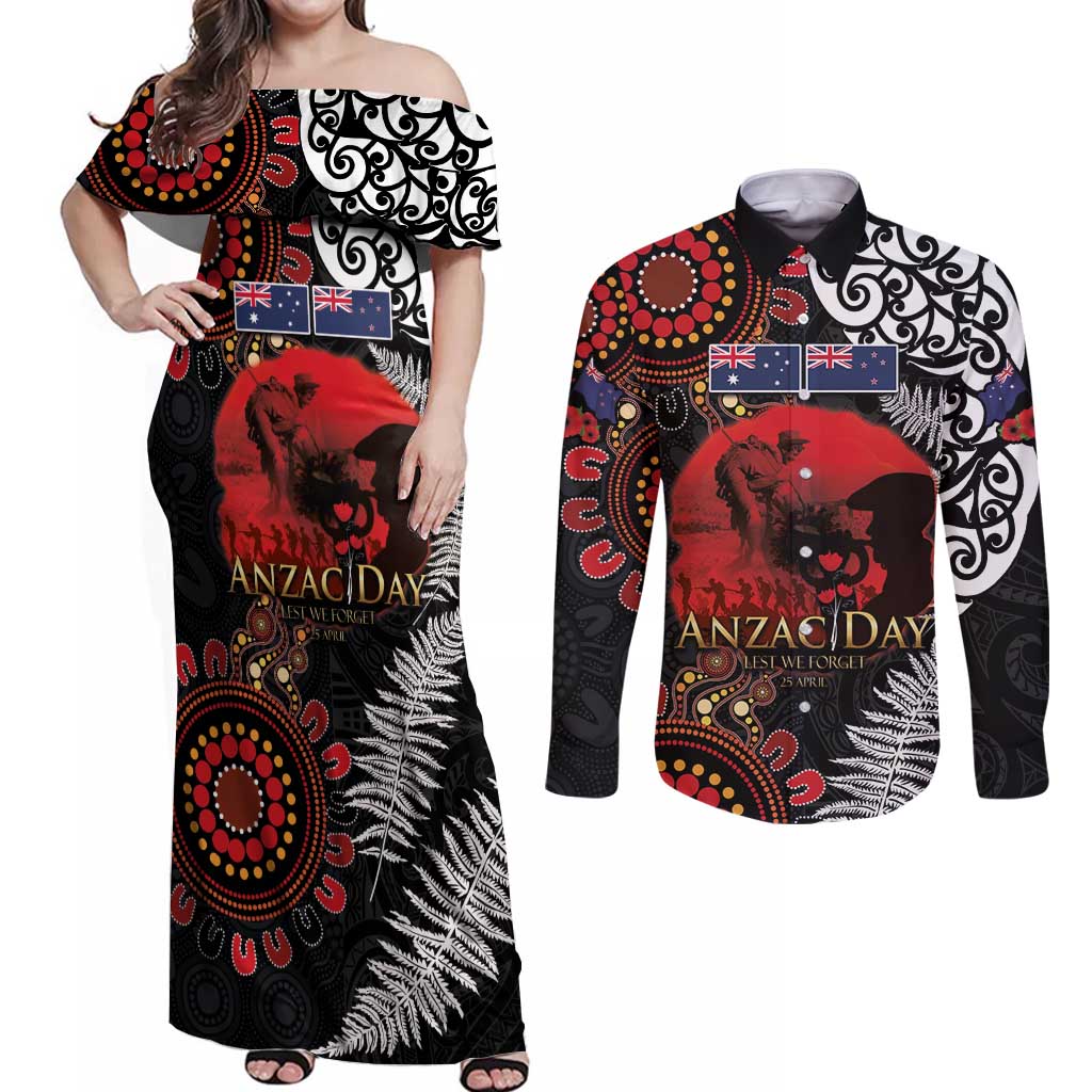 Australia and New Zealand ANZAC Day Couples Matching Off Shoulder Maxi Dress and Long Sleeve Button Shirt Aboriginal and Maori Art Pattern - Gallipoli Lest We Forget LT03 Black - Polynesian Pride