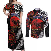 Australia and New Zealand ANZAC Day Couples Matching Off Shoulder Maxi Dress and Long Sleeve Button Shirt Aboriginal and Maori Art Pattern - Gallipoli Lest We Forget LT03 Black - Polynesian Pride