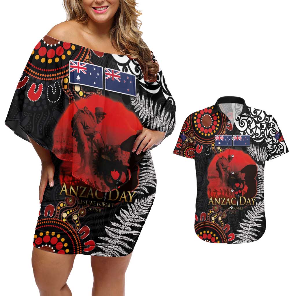 Australia and New Zealand ANZAC Day Couples Matching Off Shoulder Short Dress and Hawaiian Shirt Aboriginal and Maori Art Pattern - Gallipoli Lest We Forget LT03 Black - Polynesian Pride