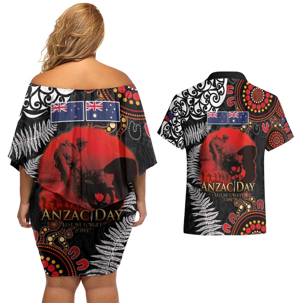 Australia and New Zealand ANZAC Day Couples Matching Off Shoulder Short Dress and Hawaiian Shirt Aboriginal and Maori Art Pattern - Gallipoli Lest We Forget LT03 - Polynesian Pride