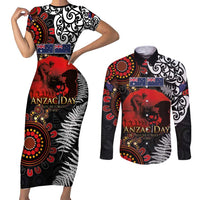 Australia and New Zealand ANZAC Day Couples Matching Short Sleeve Bodycon Dress and Long Sleeve Button Shirt Aboriginal and Maori Art Pattern - Gallipoli Lest We Forget LT03 Black - Polynesian Pride