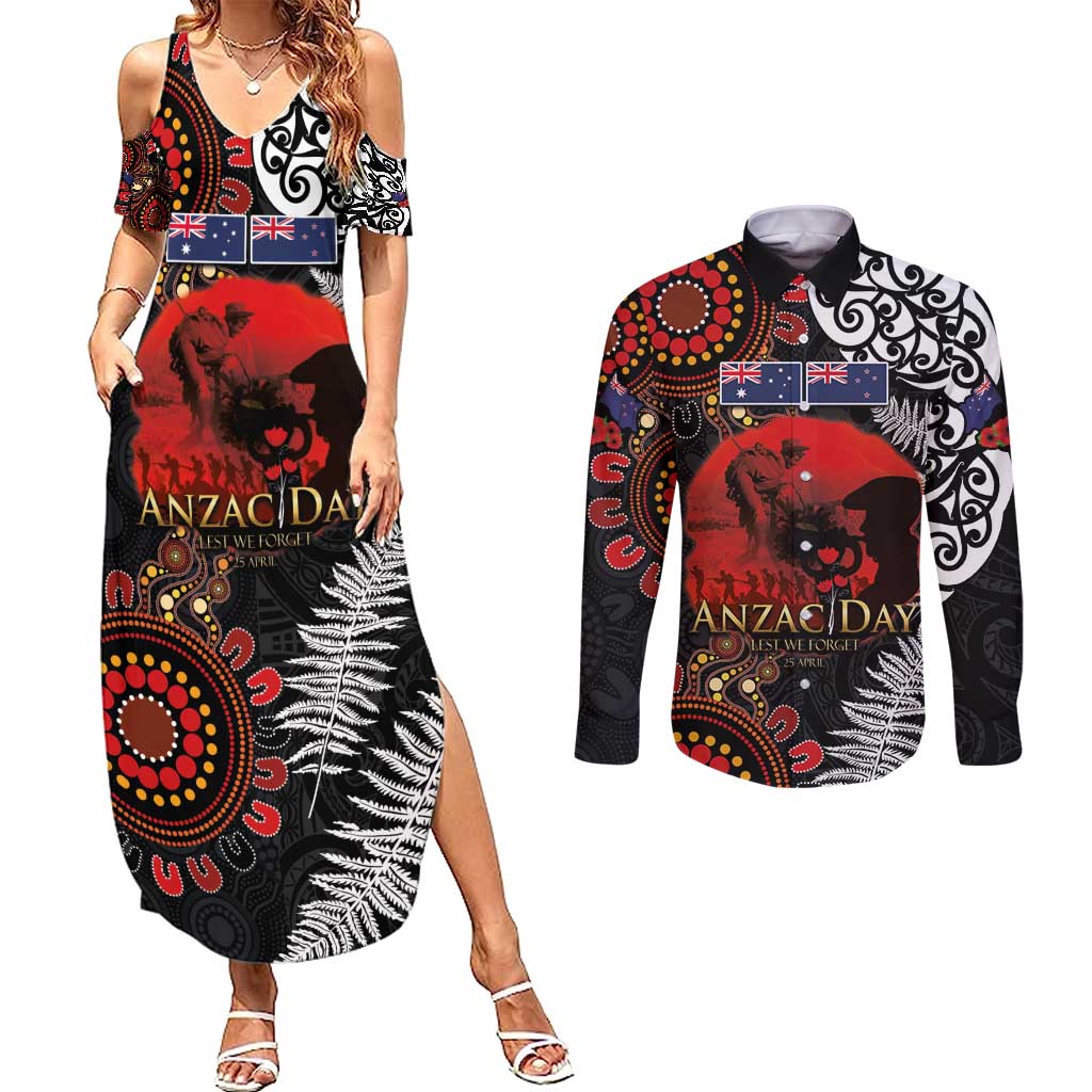 Australia and New Zealand ANZAC Day Couples Matching Summer Maxi Dress and Long Sleeve Button Shirt Aboriginal and Maori Art Pattern - Gallipoli Lest We Forget LT03 Black - Polynesian Pride