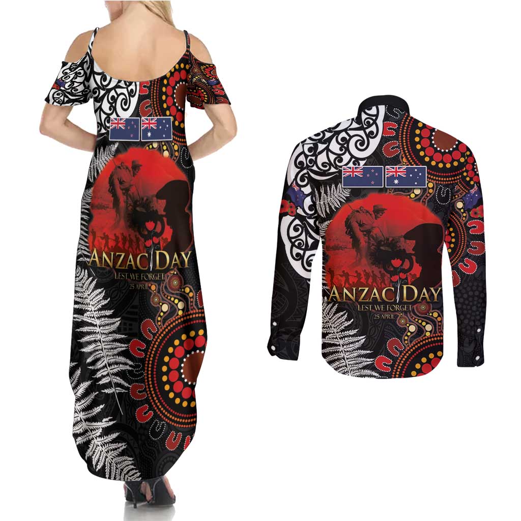 Australia and New Zealand ANZAC Day Couples Matching Summer Maxi Dress and Long Sleeve Button Shirt Aboriginal and Maori Art Pattern - Gallipoli Lest We Forget LT03 - Polynesian Pride