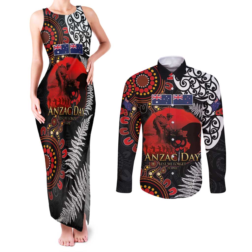 Australia and New Zealand ANZAC Day Couples Matching Tank Maxi Dress and Long Sleeve Button Shirt Aboriginal and Maori Art Pattern - Gallipoli Lest We Forget LT03 Black - Polynesian Pride