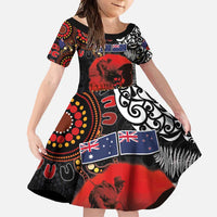 Australia and New Zealand ANZAC Day Family Matching Mermaid Dress and Hawaiian Shirt Aboriginal and Maori Art Pattern - Gallipoli Lest We Forget LT03 Daughter's Dress Black - Polynesian Pride