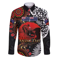 Australia and New Zealand ANZAC Day Family Matching Mermaid Dress and Hawaiian Shirt Aboriginal and Maori Art Pattern - Gallipoli Lest We Forget LT03 Dad's Shirt - Long Sleeve Black - Polynesian Pride