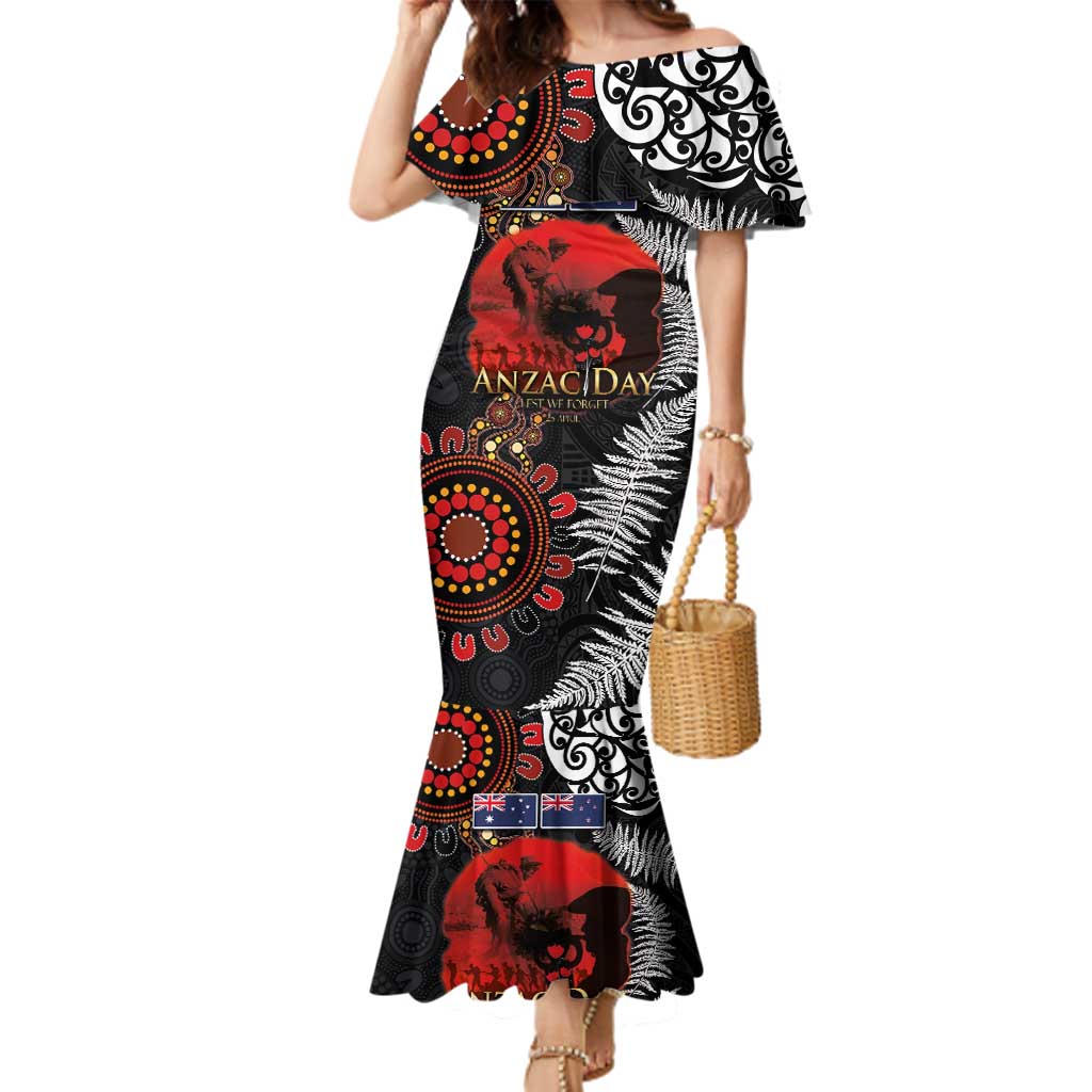 Australia and New Zealand ANZAC Day Family Matching Mermaid Dress and Hawaiian Shirt Aboriginal and Maori Art Pattern - Gallipoli Lest We Forget LT03 Mom's Dress Black - Polynesian Pride