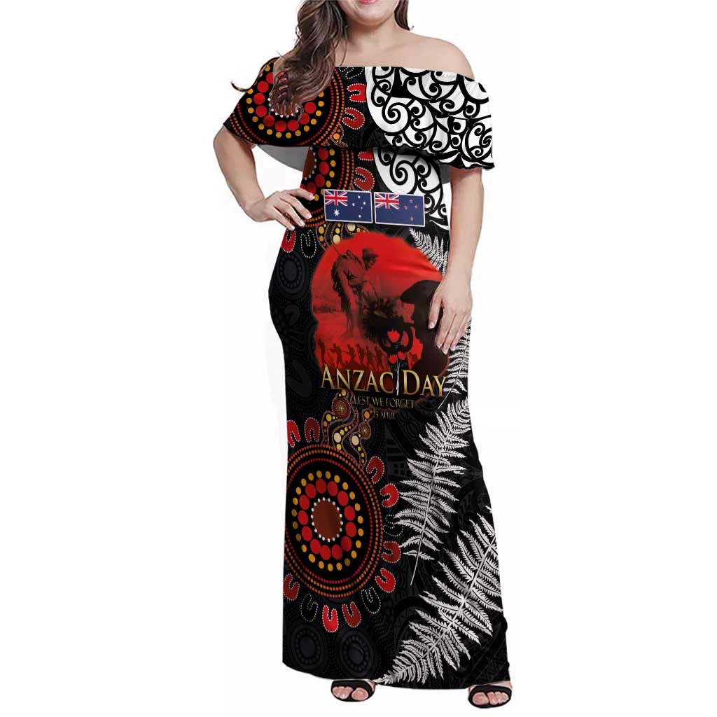 Australia and New Zealand ANZAC Day Family Matching Off Shoulder Maxi Dress and Hawaiian Shirt Aboriginal and Maori Art Pattern - Gallipoli Lest We Forget LT03 Mom's Dress Black - Polynesian Pride
