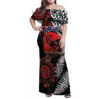 Australia and New Zealand ANZAC Day Family Matching Off Shoulder Maxi Dress and Hawaiian Shirt Aboriginal and Maori Art Pattern - Gallipoli Lest We Forget LT03 Mom's Dress Black - Polynesian Pride