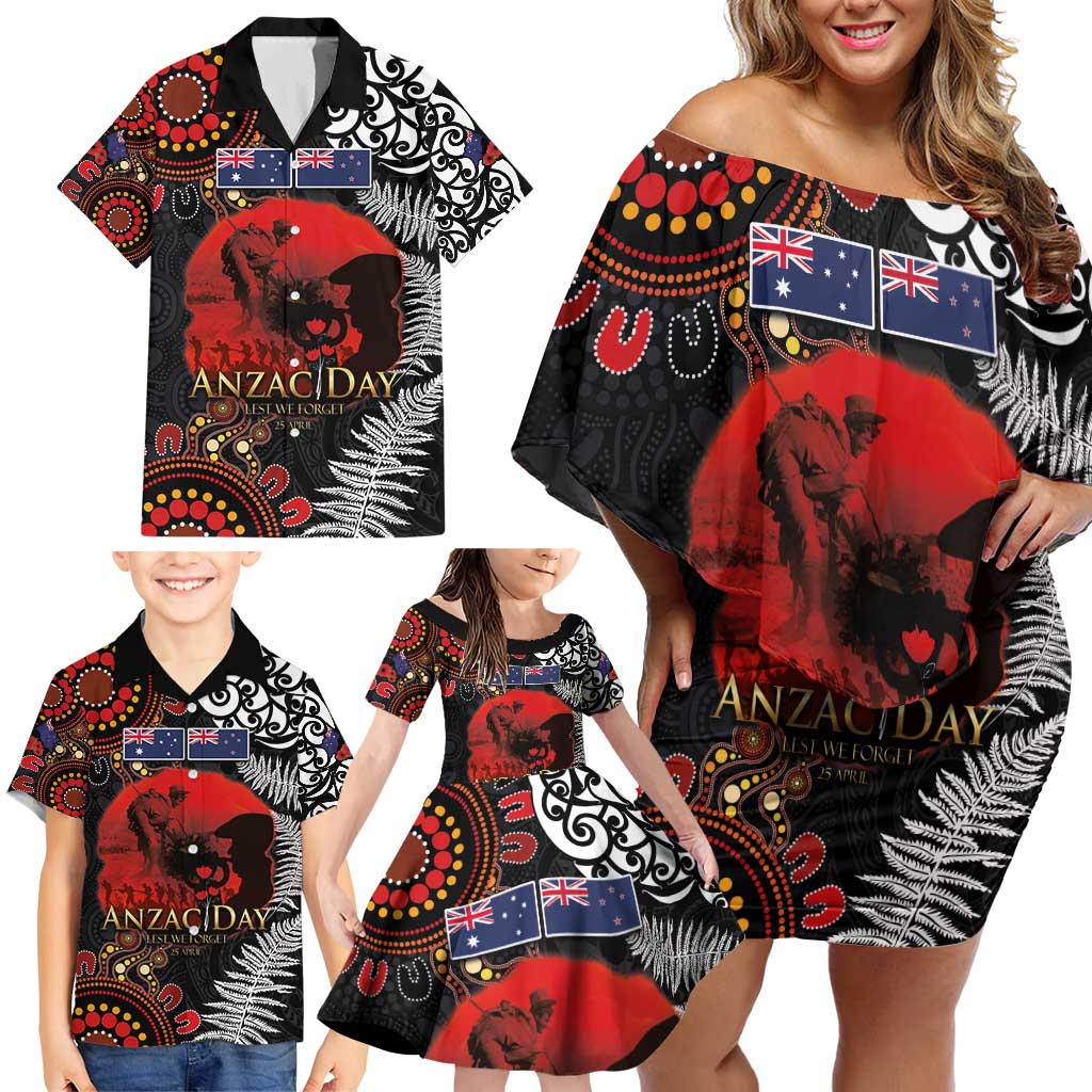 Australia and New Zealand ANZAC Day Family Matching Off Shoulder Short Dress and Hawaiian Shirt Aboriginal and Maori Art Pattern - Gallipoli Lest We Forget LT03 - Polynesian Pride