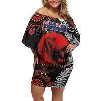 Australia and New Zealand ANZAC Day Family Matching Off Shoulder Short Dress and Hawaiian Shirt Aboriginal and Maori Art Pattern - Gallipoli Lest We Forget LT03 Mom's Dress Black - Polynesian Pride