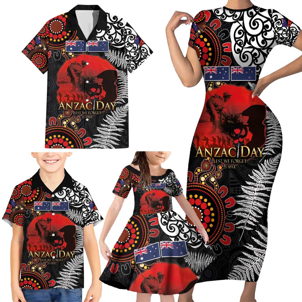 Australia and New Zealand ANZAC Day Family Matching Short Sleeve Bodycon Dress and Hawaiian Shirt Aboriginal and Maori Art Pattern - Gallipoli Lest We Forget LT03 - Polynesian Pride