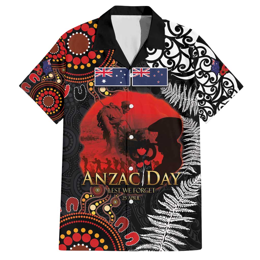 Australia and New Zealand ANZAC Day Family Matching Short Sleeve Bodycon Dress and Hawaiian Shirt Aboriginal and Maori Art Pattern - Gallipoli Lest We Forget LT03 Dad's Shirt - Short Sleeve Black - Polynesian Pride