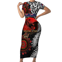Australia and New Zealand ANZAC Day Family Matching Short Sleeve Bodycon Dress and Hawaiian Shirt Aboriginal and Maori Art Pattern - Gallipoli Lest We Forget LT03 Mom's Dress Black - Polynesian Pride