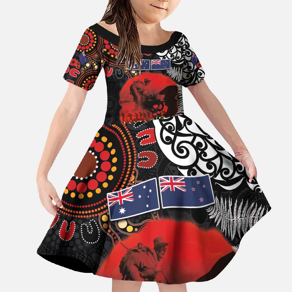 Australia and New Zealand ANZAC Day Family Matching Tank Maxi Dress and Hawaiian Shirt Aboriginal and Maori Art Pattern - Gallipoli Lest We Forget LT03 Daughter's Dress Black - Polynesian Pride