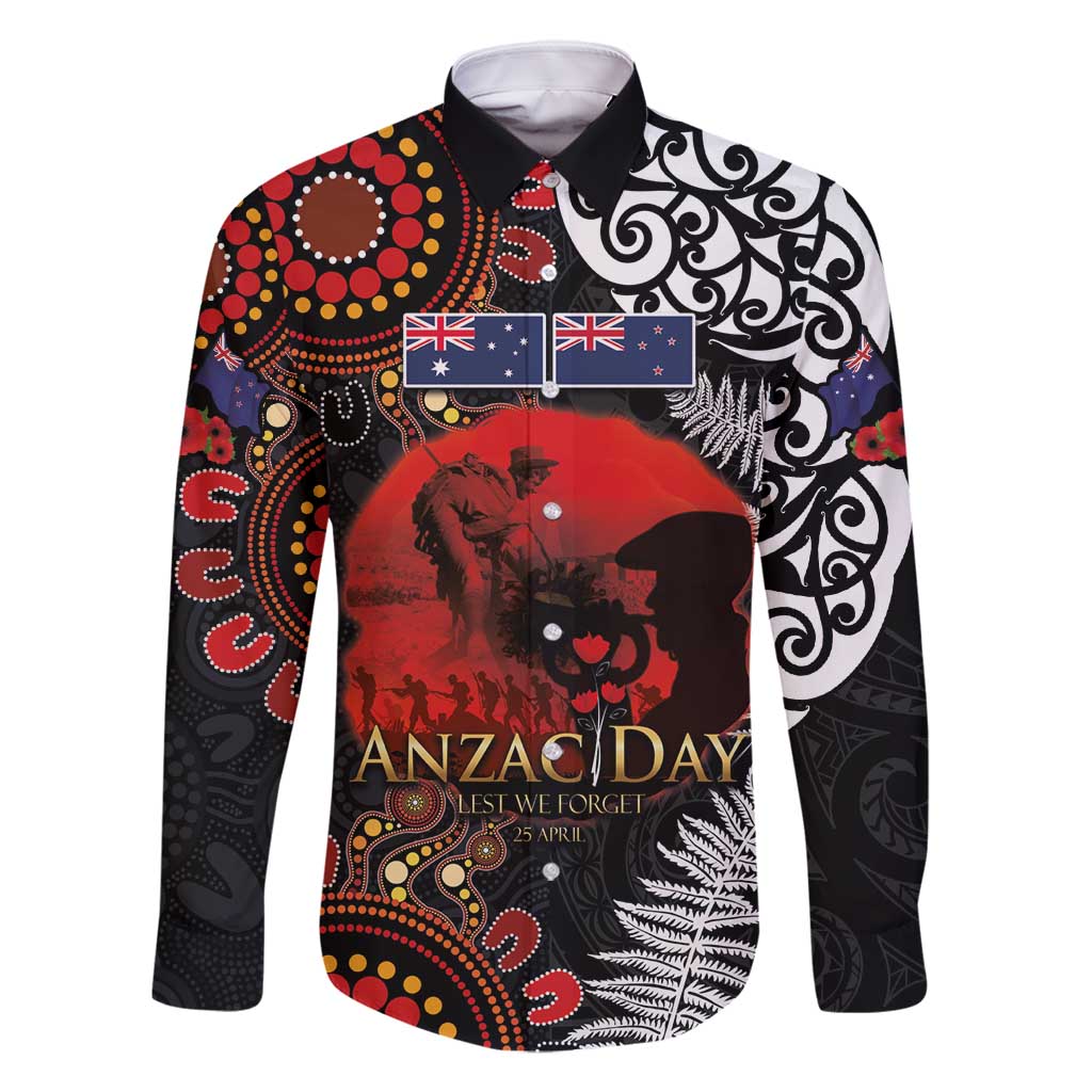 Australia and New Zealand ANZAC Day Family Matching Tank Maxi Dress and Hawaiian Shirt Aboriginal and Maori Art Pattern - Gallipoli Lest We Forget LT03 Dad's Shirt - Long Sleeve Black - Polynesian Pride