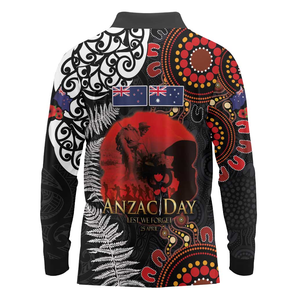 Australia and New Zealand ANZAC Day Long Sleeve Polo Shirt Aboriginal and Maori Art Pattern - Gallipoli Lest We Forget