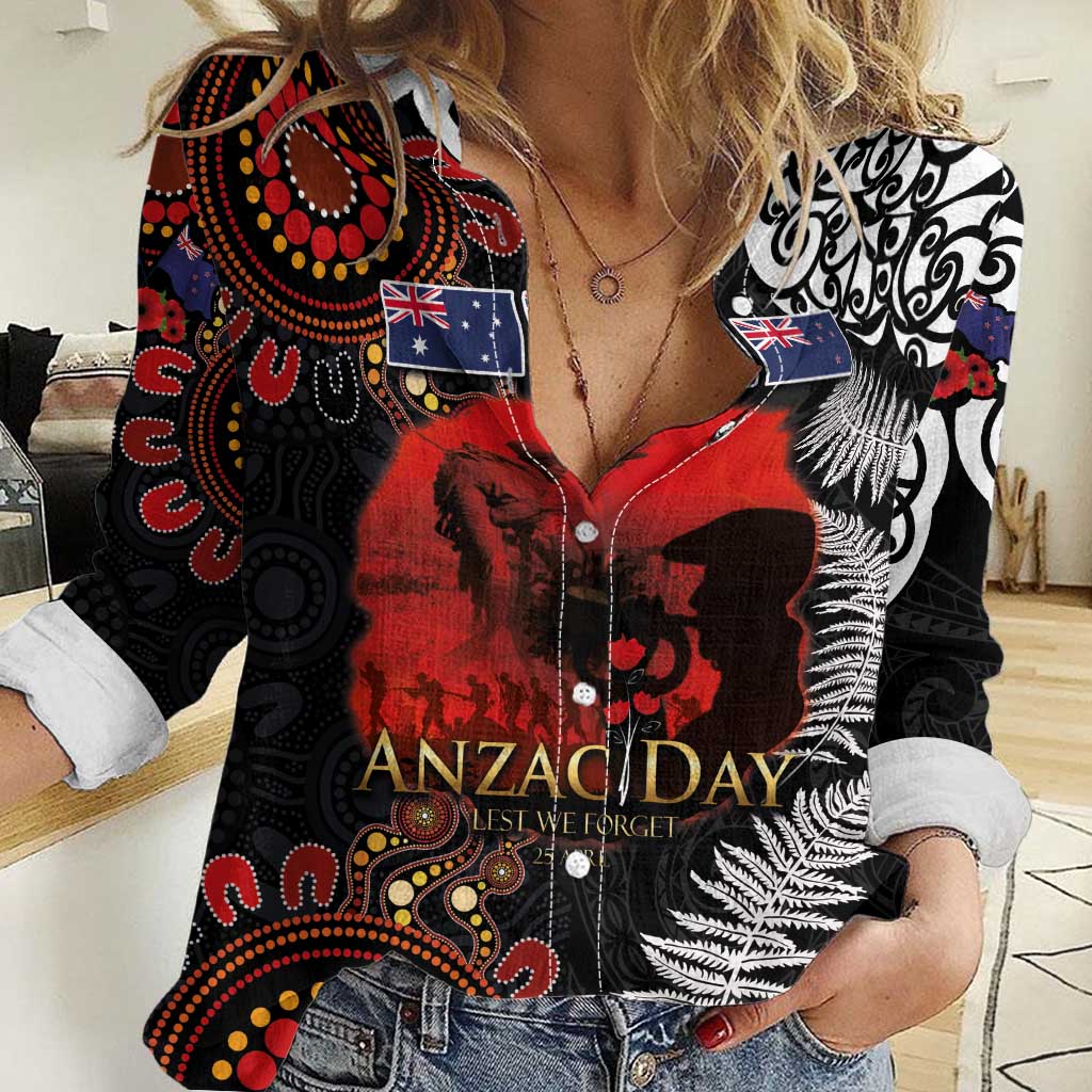 Australia and New Zealand ANZAC Day Women Casual Shirt Aboriginal and Maori Art Pattern - Gallipoli Lest We Forget LT03 Female Black - Polynesian Pride