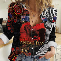 Australia and New Zealand ANZAC Day Women Casual Shirt Aboriginal and Maori Art Pattern - Gallipoli Lest We Forget LT03 Female Black - Polynesian Pride