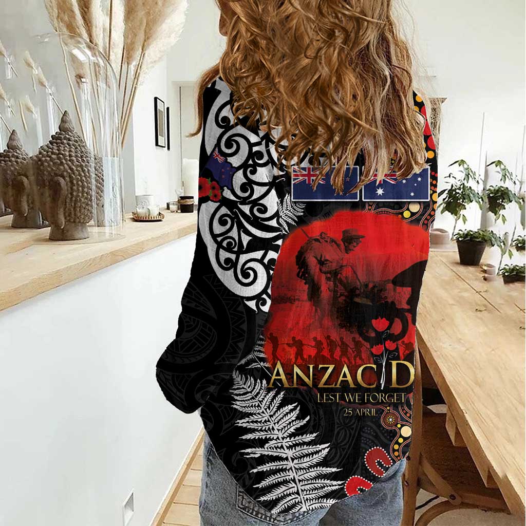 Australia and New Zealand ANZAC Day Women Casual Shirt Aboriginal and Maori Art Pattern - Gallipoli Lest We Forget LT03 - Polynesian Pride