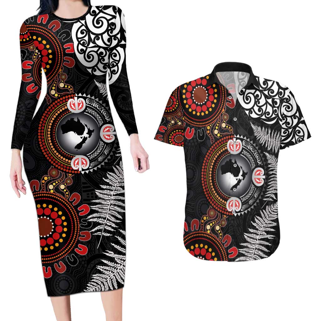 Australia and New Zealand Together Couples Matching Long Sleeve Bodycon Dress and Hawaiian Shirt Aboriginal and Maori Art Tattoo LT03 Black - Polynesian Pride