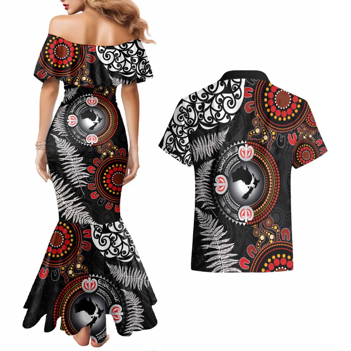 Australia and New Zealand Together Couples Matching Mermaid Dress and Hawaiian Shirt Aboriginal and Maori Art Tattoo LT03 - Polynesian Pride
