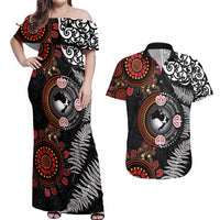 Australia and New Zealand Together Couples Matching Off Shoulder Maxi Dress and Hawaiian Shirt Aboriginal and Maori Art Tattoo LT03 Black - Polynesian Pride