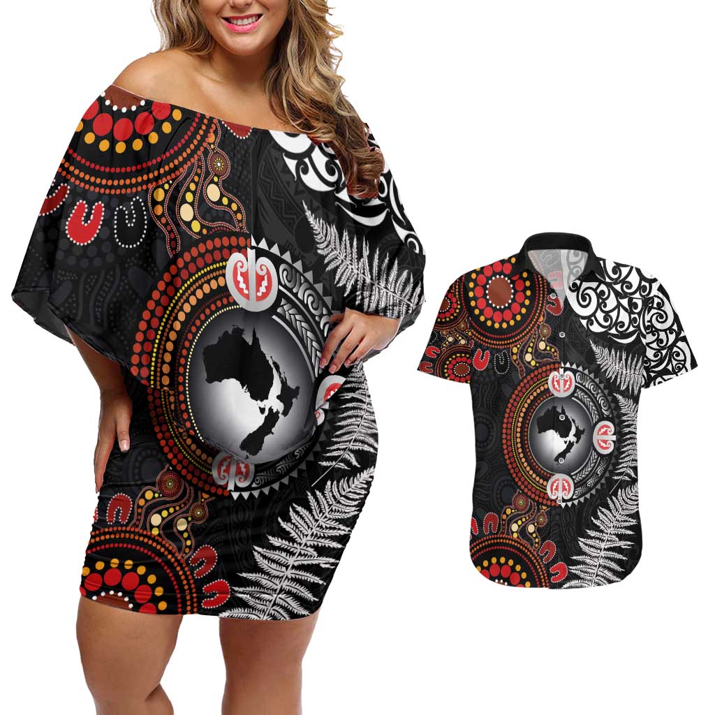 Australia and New Zealand Together Couples Matching Off Shoulder Short Dress and Hawaiian Shirt Aboriginal and Maori Art Tattoo LT03 Black - Polynesian Pride