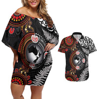 Australia and New Zealand Together Couples Matching Off Shoulder Short Dress and Hawaiian Shirt Aboriginal and Maori Art Tattoo LT03 Black - Polynesian Pride