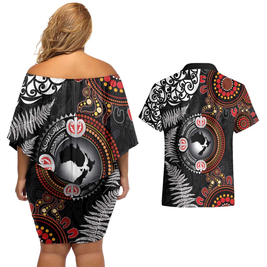 Australia and New Zealand Together Couples Matching Off Shoulder Short Dress and Hawaiian Shirt Aboriginal and Maori Art Tattoo LT03 - Polynesian Pride