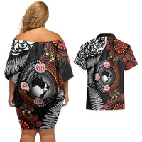 Australia and New Zealand Together Couples Matching Off Shoulder Short Dress and Hawaiian Shirt Aboriginal and Maori Art Tattoo LT03 - Polynesian Pride