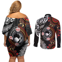 Australia and New Zealand Together Couples Matching Off Shoulder Short Dress and Long Sleeve Button Shirt Aboriginal and Maori Art Tattoo LT03 - Polynesian Pride