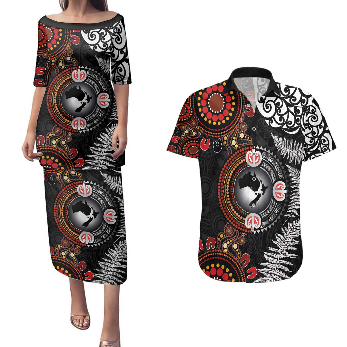 Australia and New Zealand Together Couples Matching Puletasi and Hawaiian Shirt Aboriginal and Maori Art Tattoo LT03 Black - Polynesian Pride