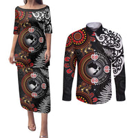 Australia and New Zealand Together Couples Matching Puletasi and Long Sleeve Button Shirt Aboriginal and Maori Art Tattoo LT03 Black - Polynesian Pride