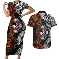 Australia and New Zealand Together Couples Matching Short Sleeve Bodycon Dress and Hawaiian Shirt Aboriginal and Maori Art Tattoo LT03 Black - Polynesian Pride