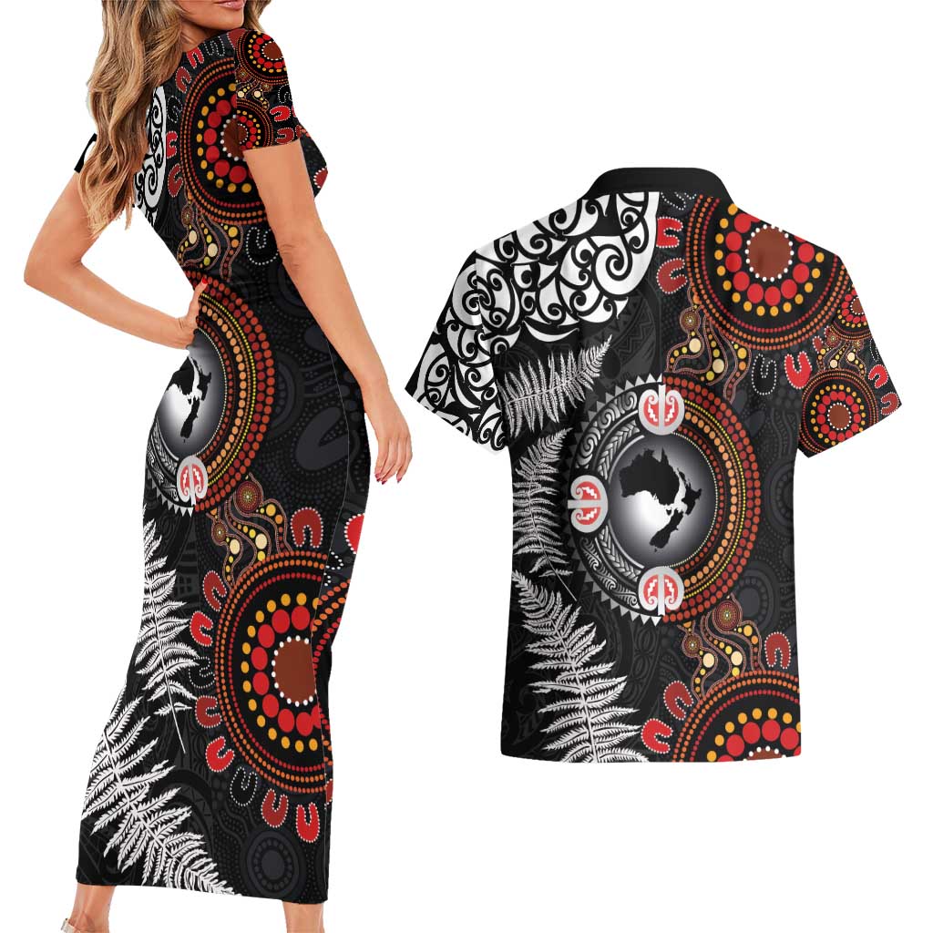 Australia and New Zealand Together Couples Matching Short Sleeve Bodycon Dress and Hawaiian Shirt Aboriginal and Maori Art Tattoo LT03 - Polynesian Pride